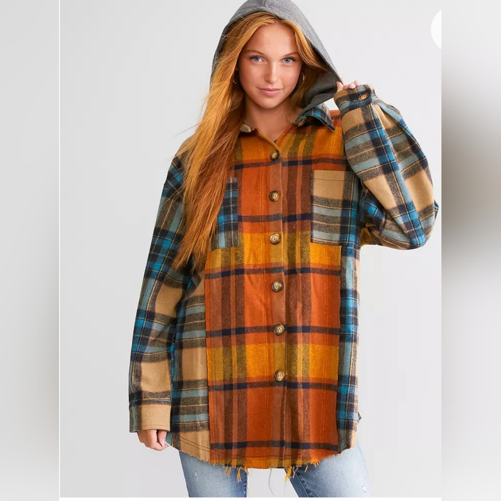BKE Women's Flannel Hooded Shacket- Size Large